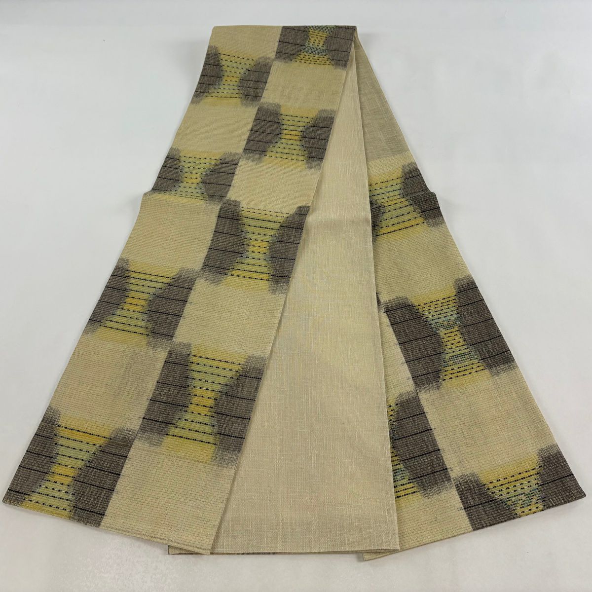 【美品】 袋帶 名品級 變化市松樹 紋理 金絲 米色 六通 純蠶絲