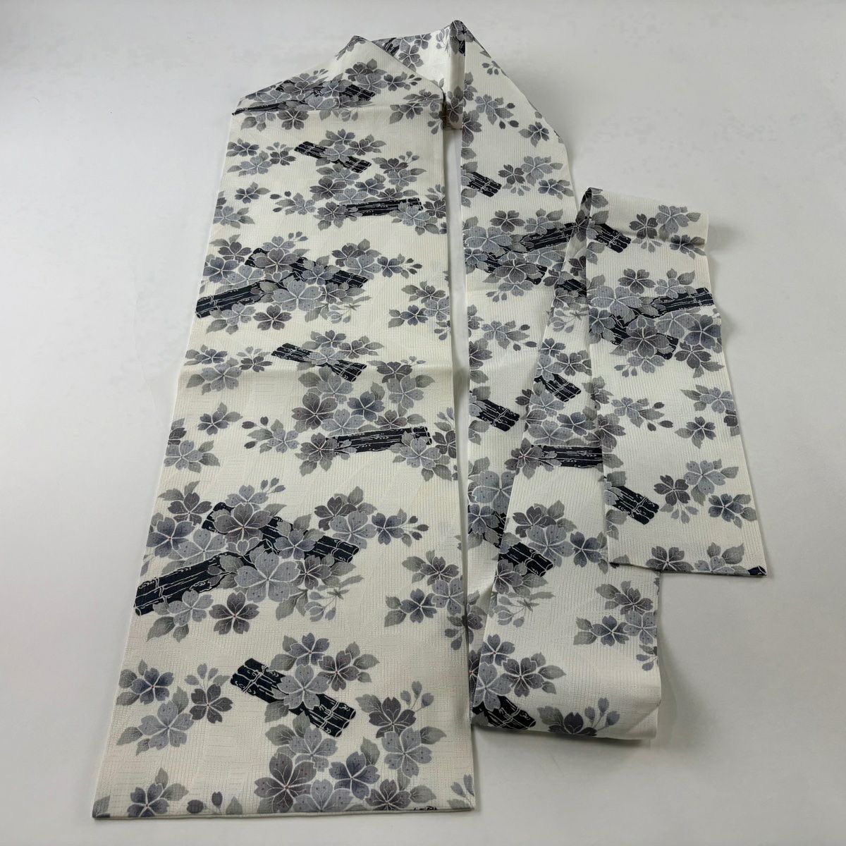 名古屋帶 名品級 夏帶 櫻花 筏 灰白 純蠶絲