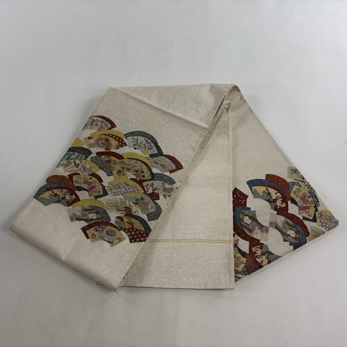 袋帶 逸品級 扇子面 松樹竹子梅花 金絲 金金箔 奶油色 大鼓圖案 純蠶絲