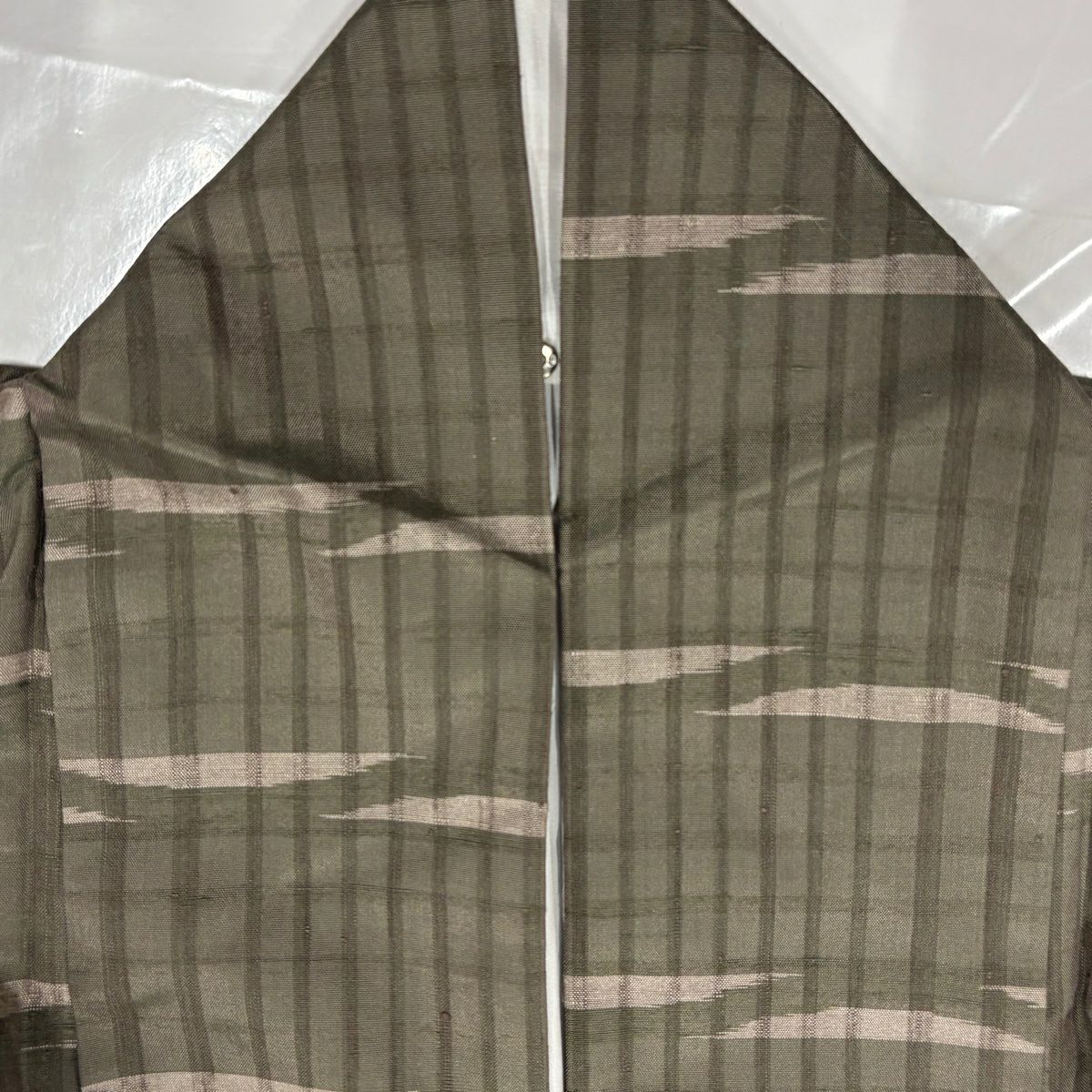 【美品】 紬織 身長155.5cm 袖長62cm S 雙層 縱條 幾何圖案 茶綠 純蠶絲 秀品級