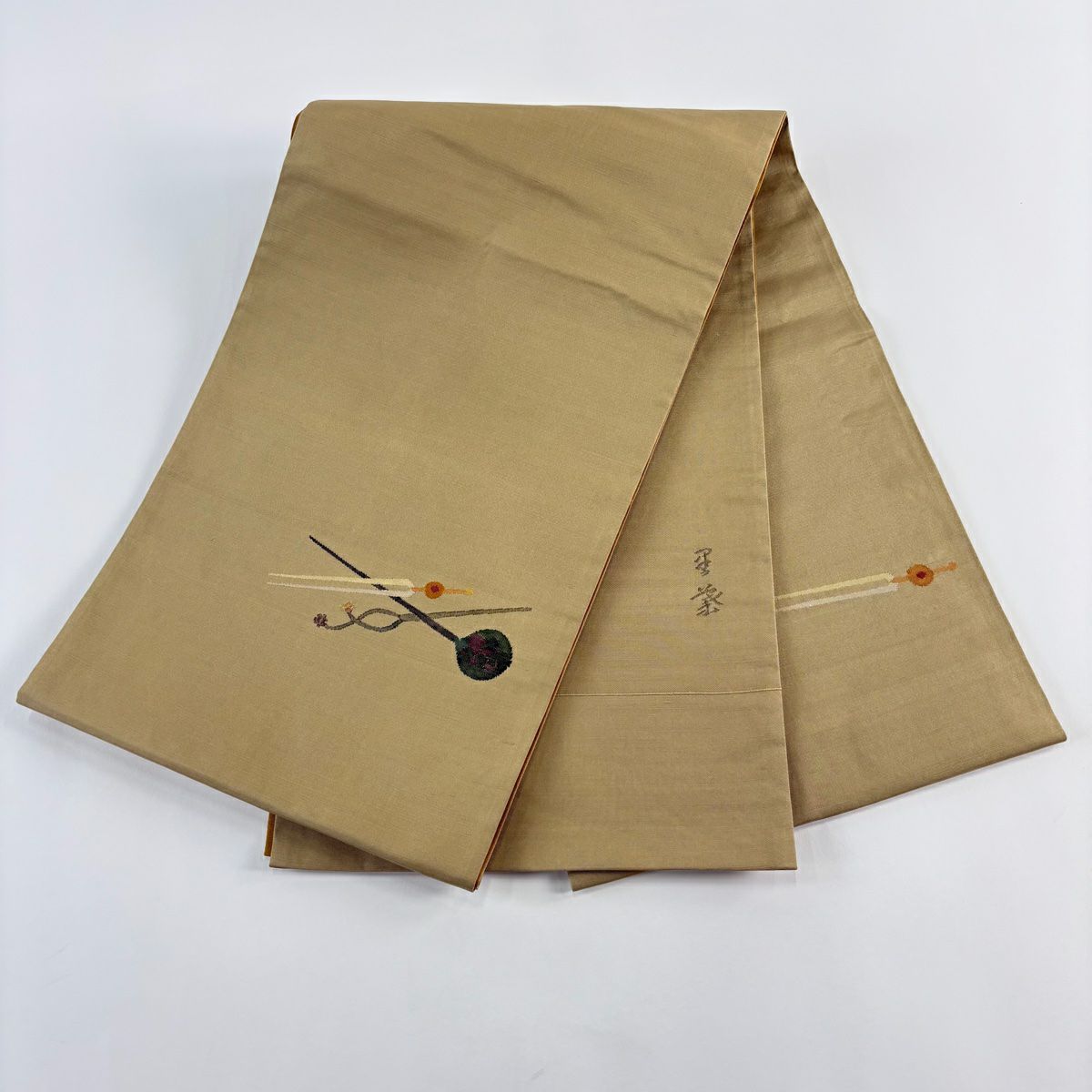 袋帶 秀品級 附有落款 紬織織 金絲 黃土色 大鼓圖案 純蠶絲