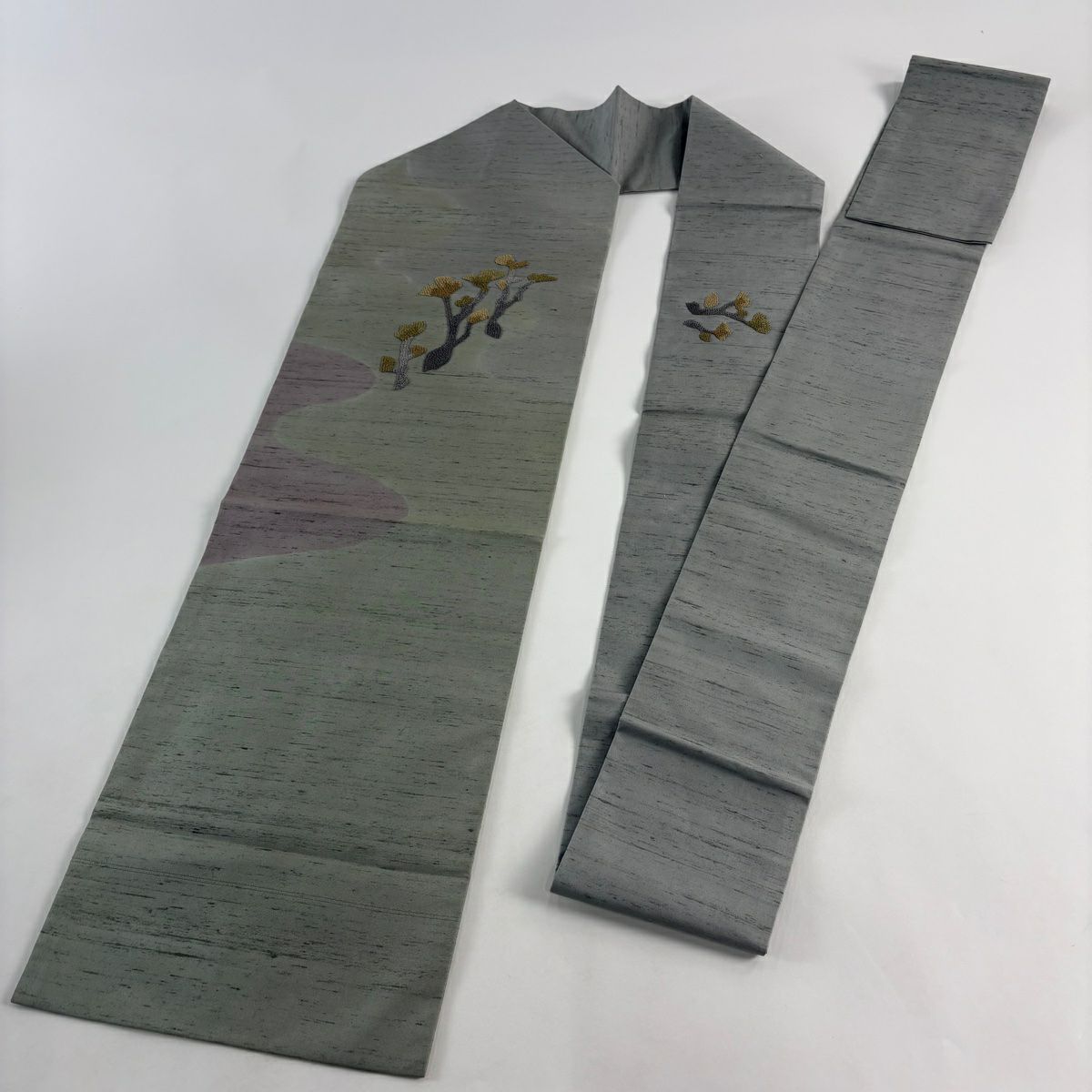 名古屋帶 秀品級 紬織織 枝花 霞 刺繡 青灰 純蠶絲