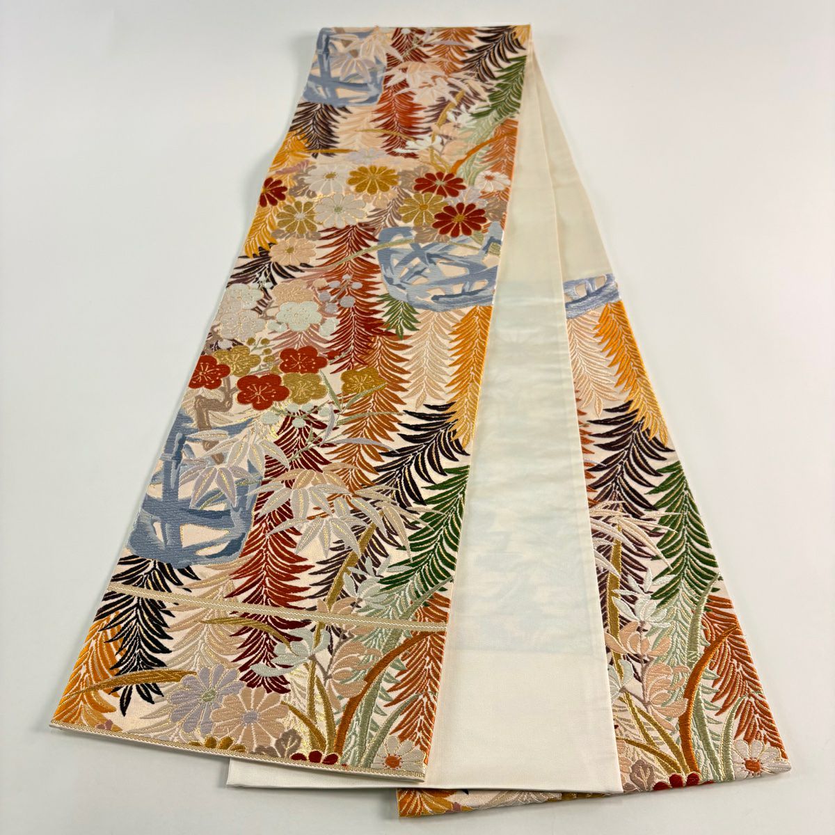 【美品】 袋帶 秀品級 有落款 關西仕立 松樹竹子梅花 金糸 唐織 淺粉色 六通 純蠶絲