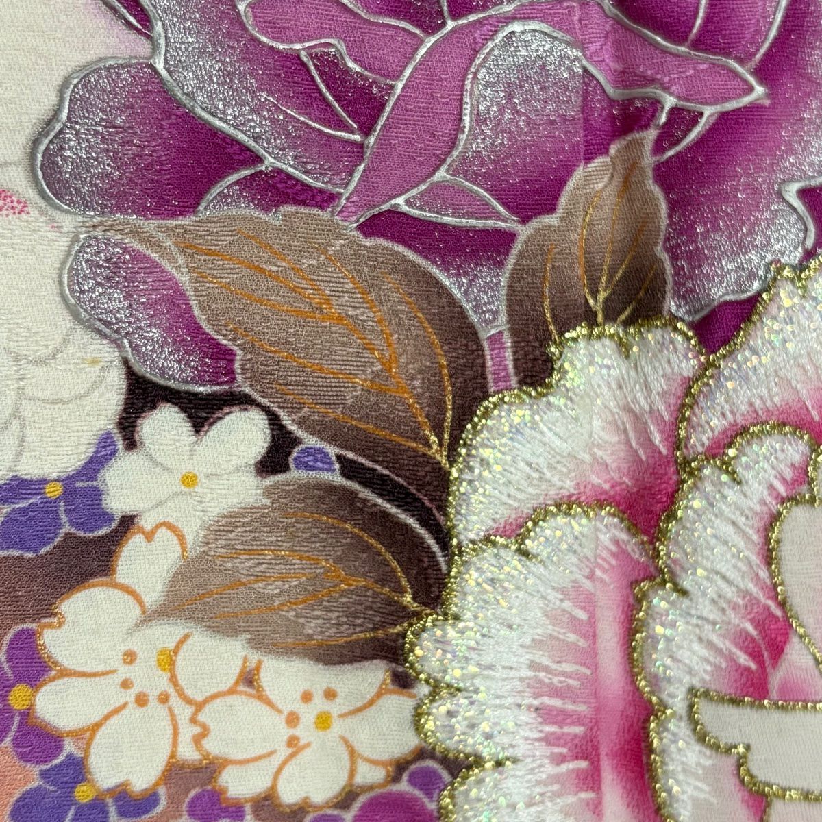 振袖禮服 身長166cm 袖長65.5cm M 雙層 薔薇 櫻花 刺繡 水晶茶紫 純蠶絲 名品級