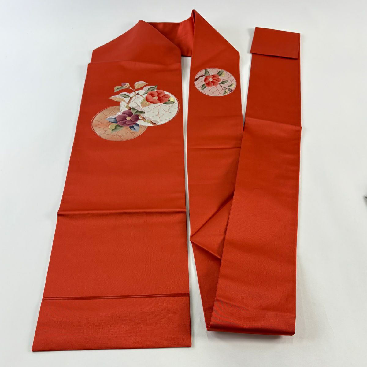 【美品】名古屋帶 優品級 椿 圓文 金金箔 金絲 朱 純蠶絲