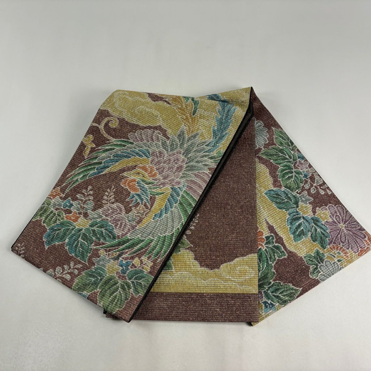 袋帶 秀品級 附有落款 鳥 草花紋 金絲 紅紫 お太鼓圖案 純蠶絲