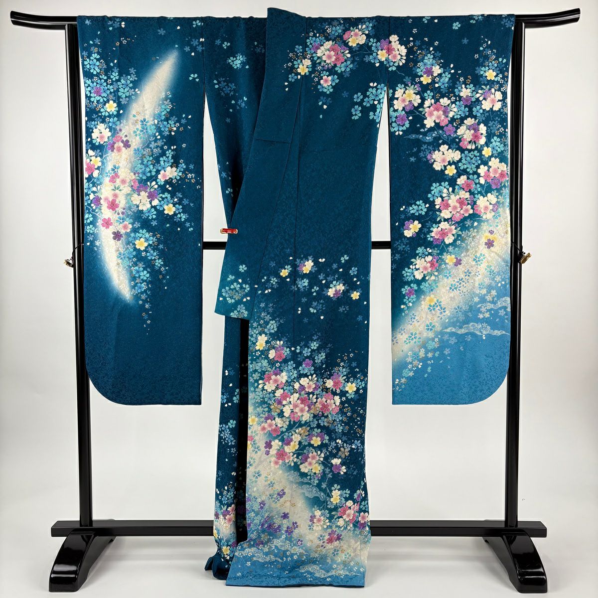 【美品】振袖禮服 身長169.5cm 袖長70cm L 雙層 櫻花 霞 金通し 金金箔 青綠 純蠶絲 逸品級