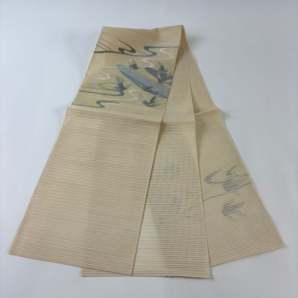 【美品】 名古屋帶 秀品級 夏帶 絽 八寸名古屋帶 舟 流水 金銀彩 金金箔 抹茶 純蠶絲