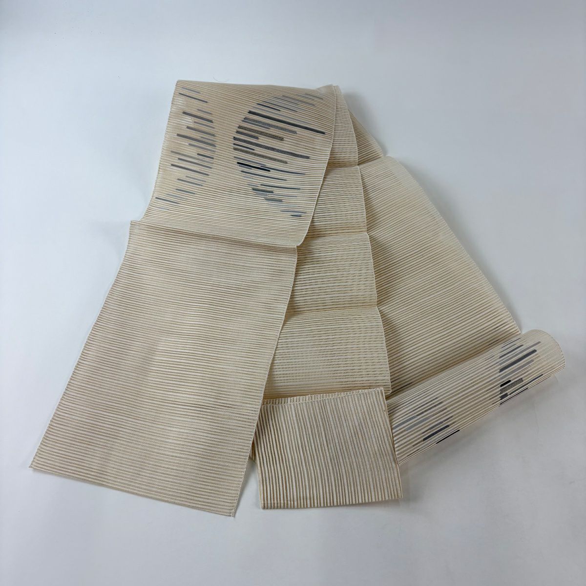 【美品】名古屋帶 秀品級 夏帶 絽 八寸名古屋帶 松樹葉仕立 雜紋 銀線 米色 純蠶絲