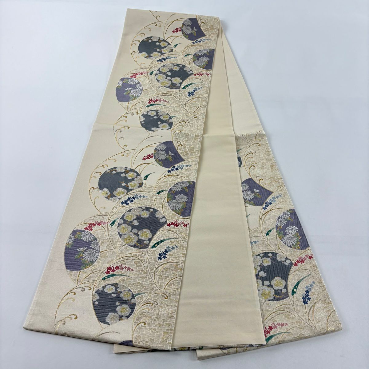 【美品】 袋帶 秀品級 新橋圓文 枝梅花 金絲 金金箔 米色 六通 純蠶絲