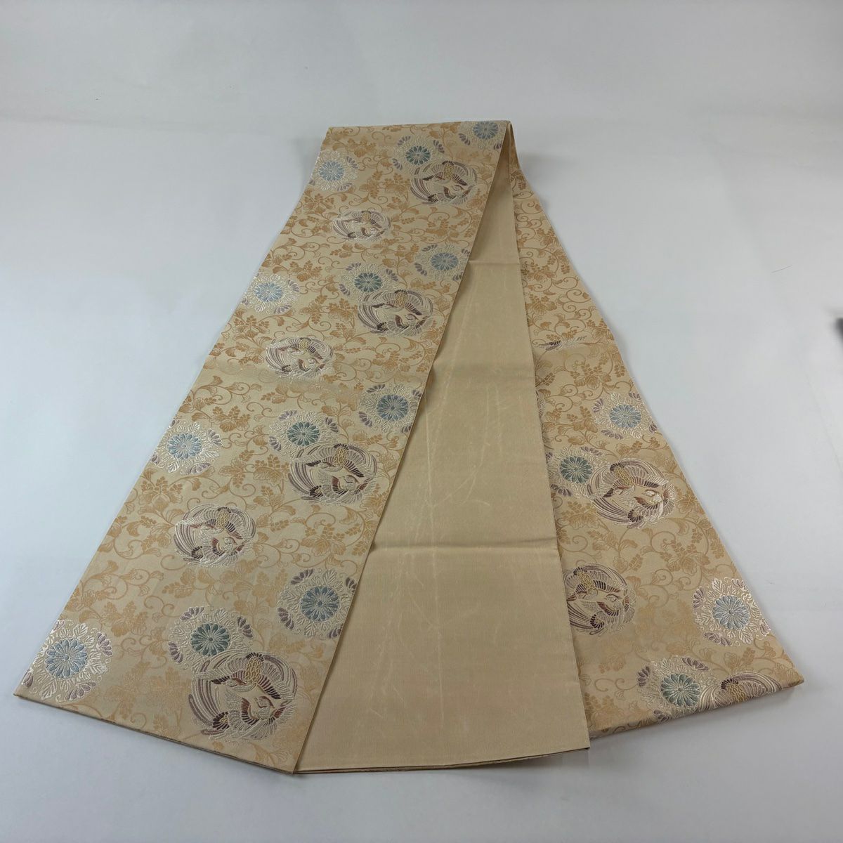 【美品】 袋帶 秀品級 向鳥 華紋 刺繡 金金箔 淺橙 六通 純蠶絲