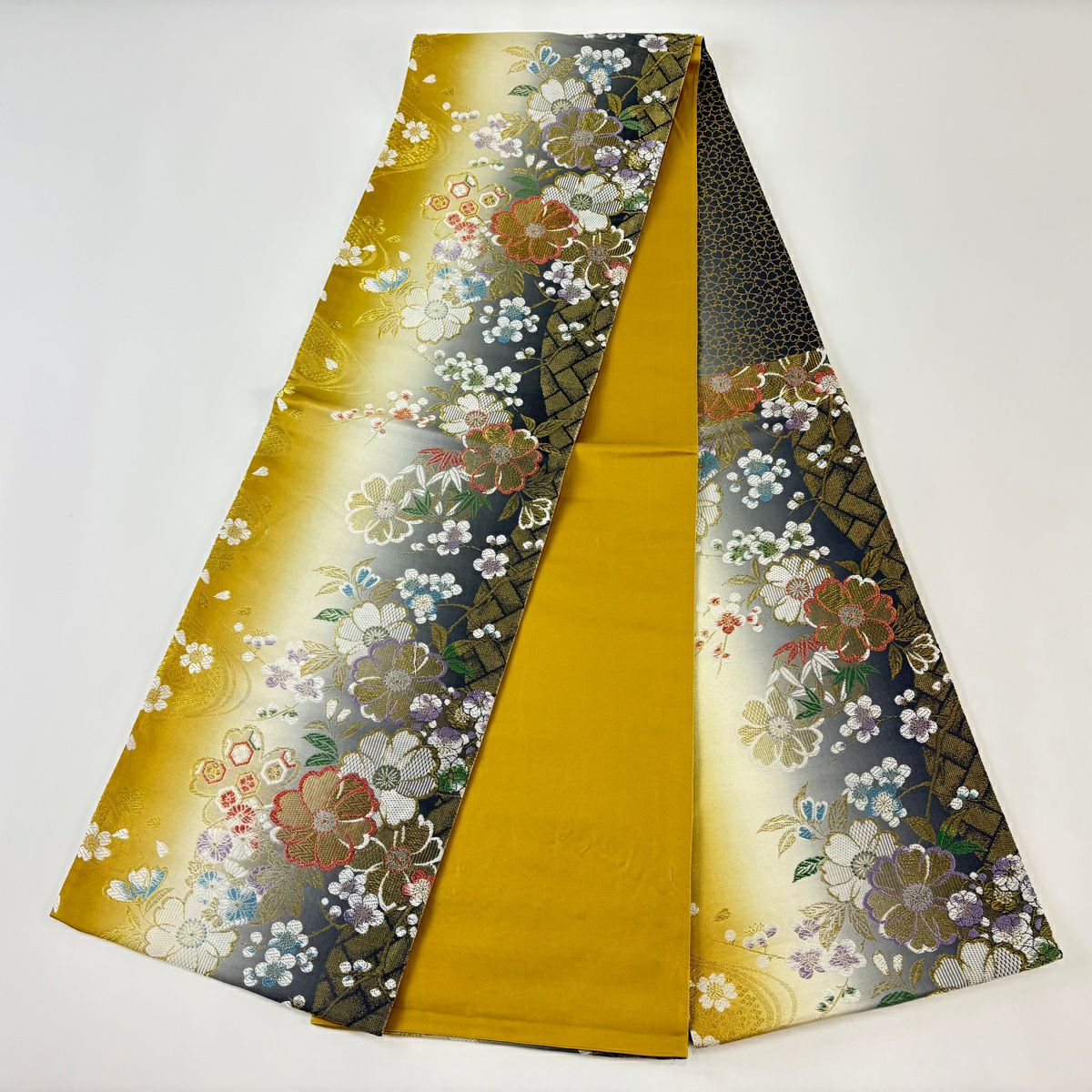 【美品】 袋帶 優品級櫻花梅花金絲金金箔黃土色六通純蠶絲