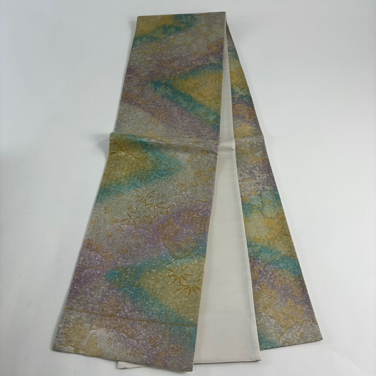 【美品】 袋帶 名品級 雪輪 松樹竹子梅花 金銀絲 漸變 淺綠 全通 純蠶絲