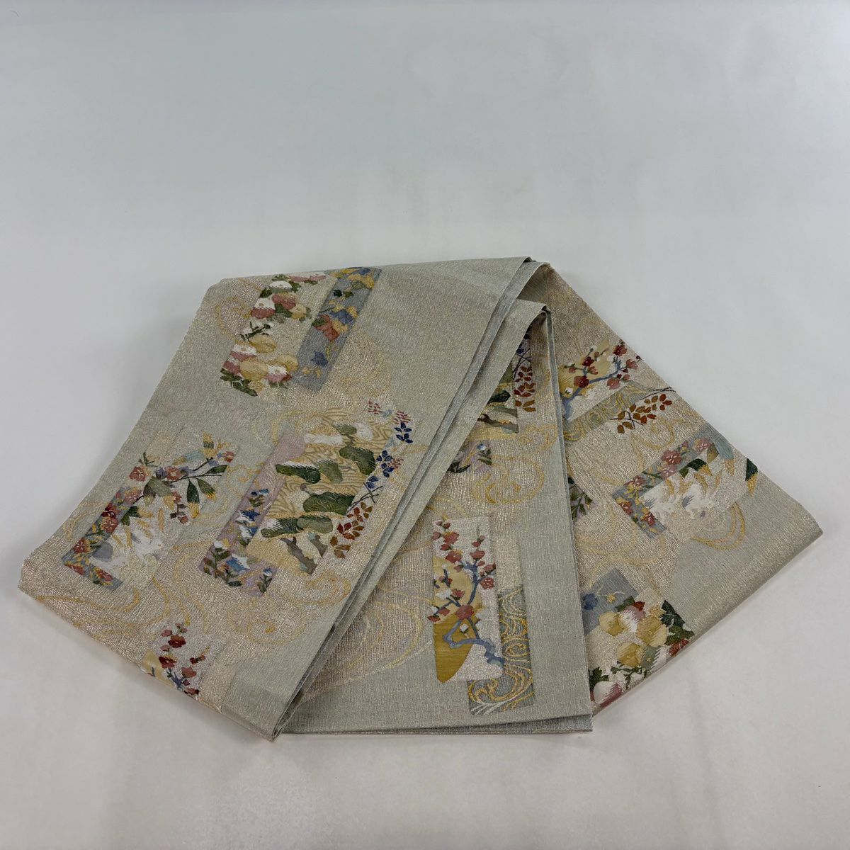 【美品】 袋帶 名品級 夏帶 鈴乃屋 兔子 笠松樹 金銀絲 淺綠 お太鼓圖案 純蠶絲