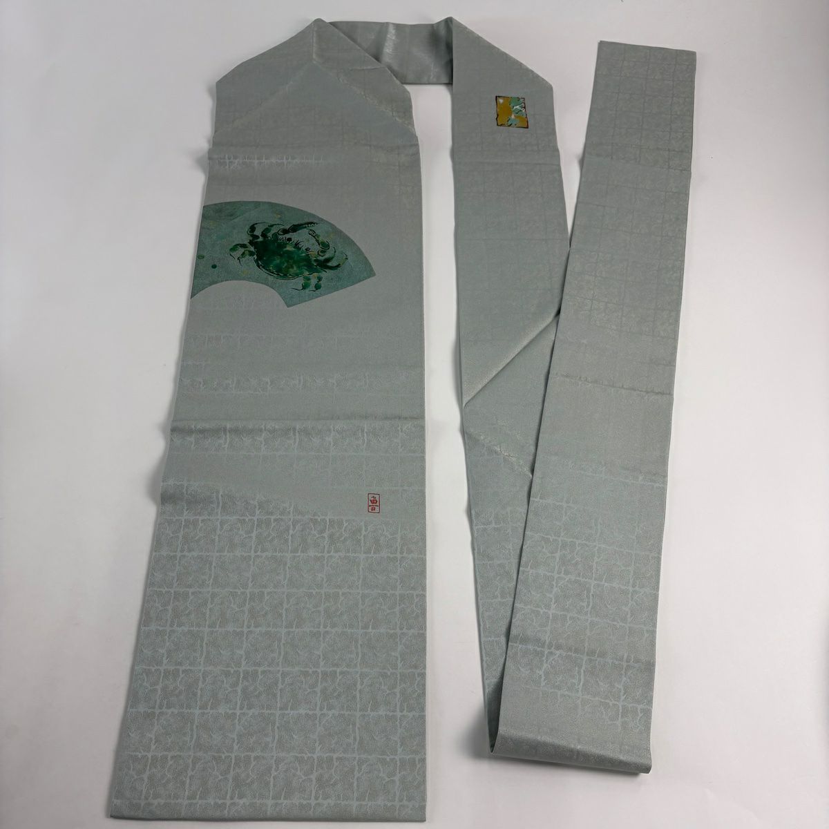 【美品】 名古屋帶 名品級 落款有 扇子面 蟹 金銀彩 金絲 青灰色 純蠶絲