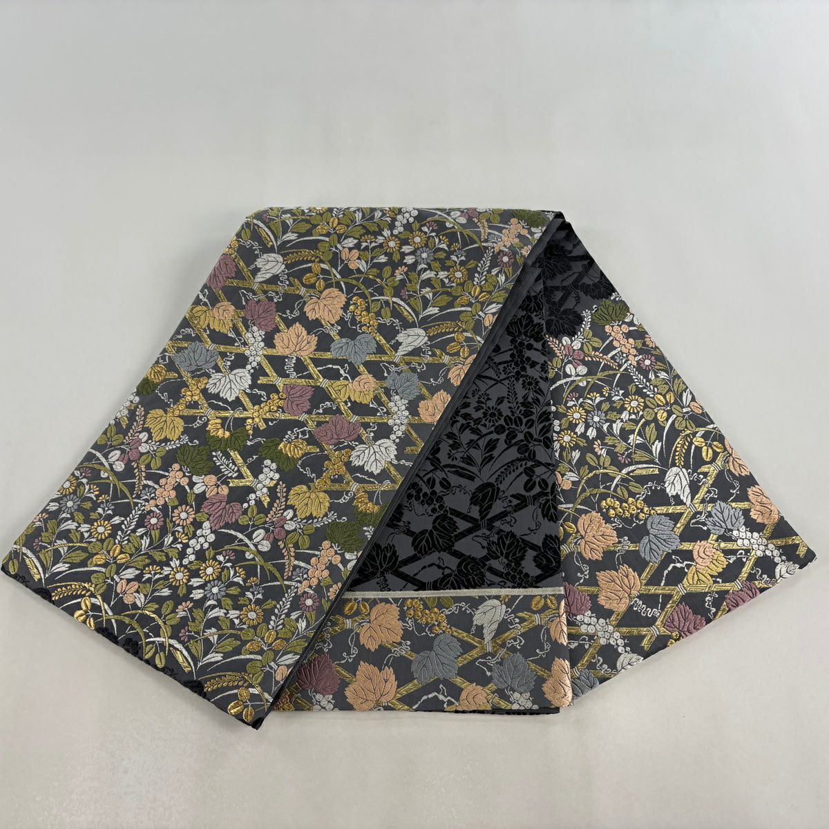 袋帶 逸品級 落款 山口克爾 竹子垣春秋文 金絲 刺繡 灰 深藍柄 純蠶絲