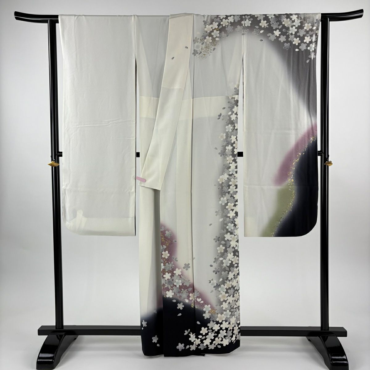 振袖禮服 身長162cm 袖長69cm L 雙層 櫻花花瓣 金銀彩 染分 白 純蠶絲 逸品級