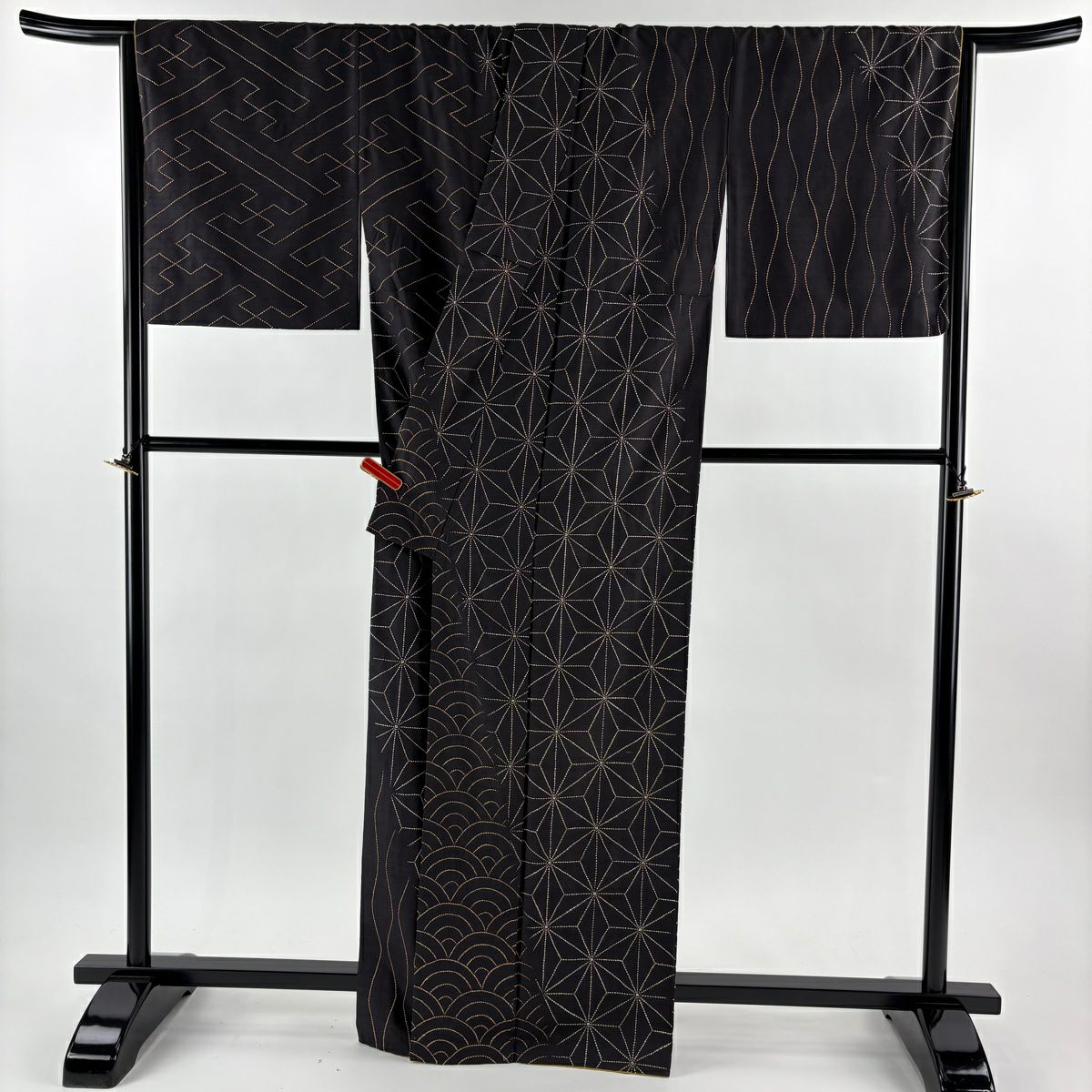 訪問服 身長164.5cm 袖長67cm M 雙層 紬織織 落款あり 麻之葉 青海波 刺繡 濃紫 純蠶絲 逸品級