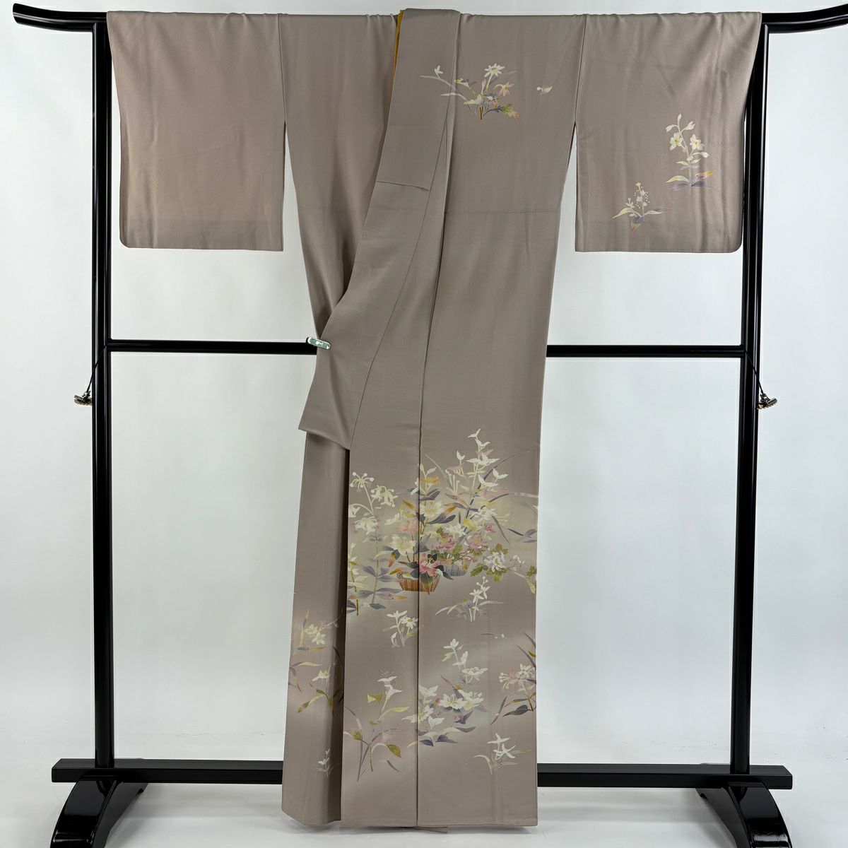 訪問服 身長161.5cm 袖長67cm M 雙層 百貫石峰 落款 花籠 菊花 漸層 粉米色 純蠶絲 逸品級