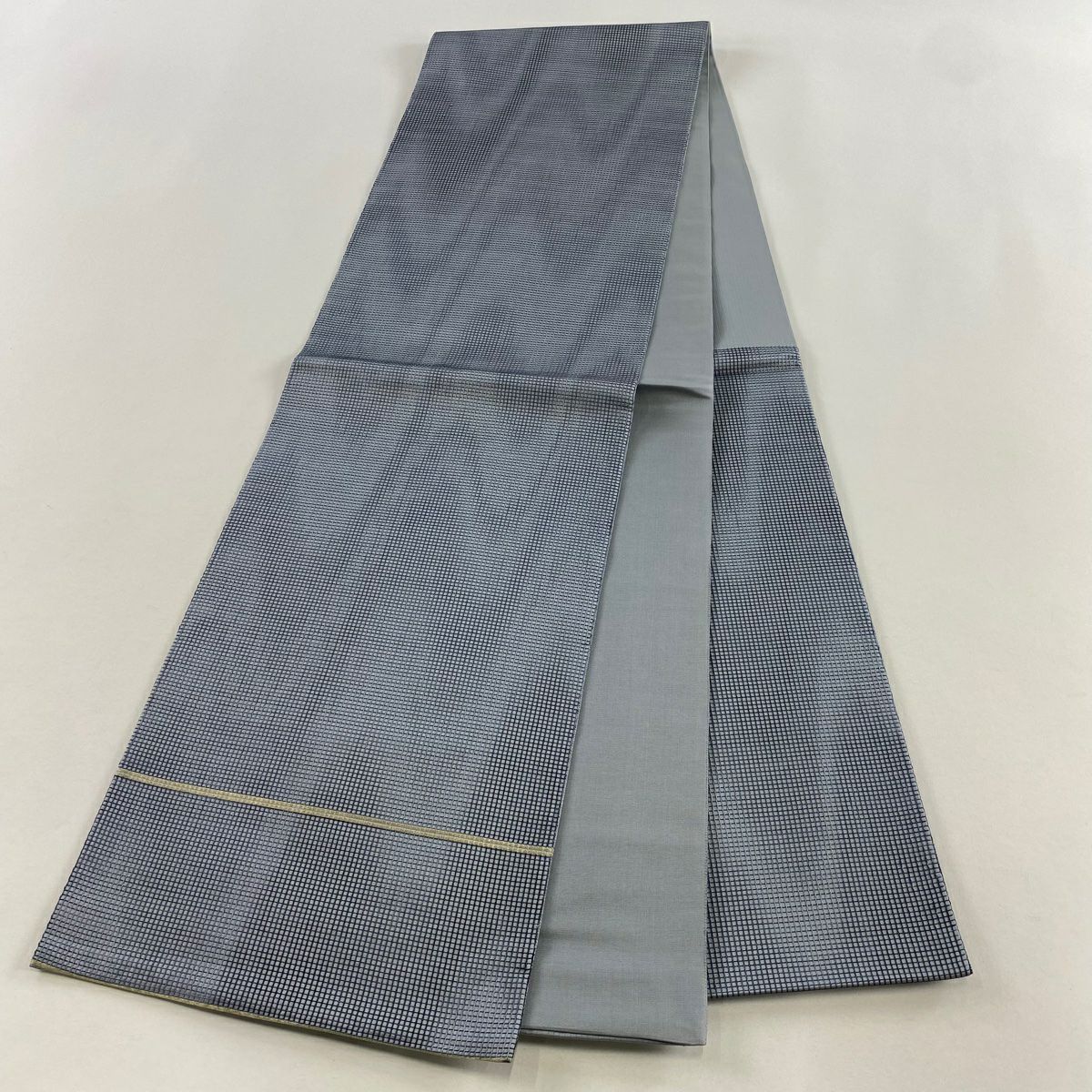 【美品】 袋帶 秀品級 關西仕立 雜格 霞刺繡 青灰 六通 純蠶絲