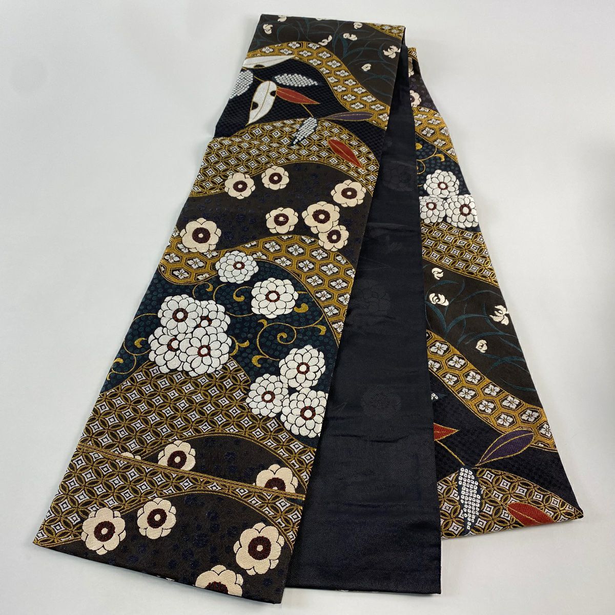 袋帶 名品級 花唐草紋 七寶 金絲 刺繡 墨 全通 純蠶絲