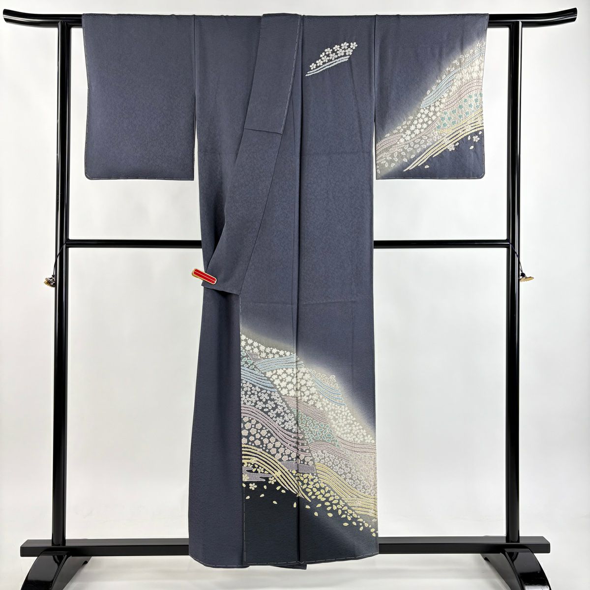 付下 身長156cm 袖長62cm S 雙層 樱花 樱花花瓣 銀線 絞染 青灰 純蠶絲 逸品級