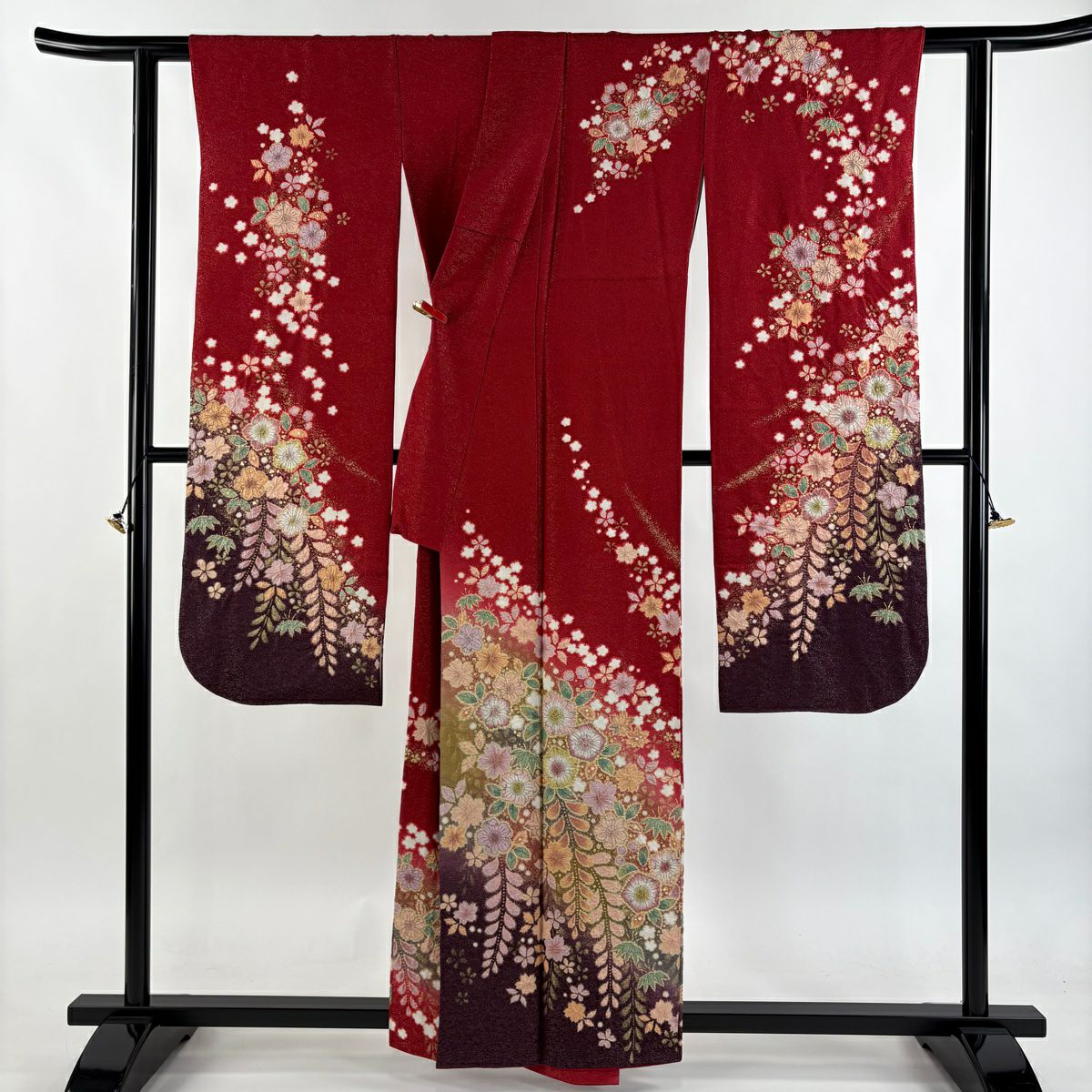 【美品】振袖禮服 身長159cm 袖長64cm M 雙層 徳永憲峯 落款あり 辻花染 笹 通し 金彩裝飾 紅 純蠶絲 逸品級