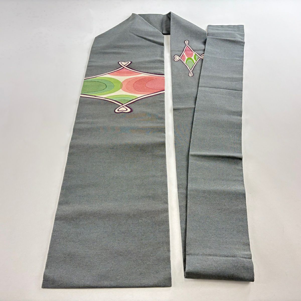【美品】 名古屋帶 秀品級 幾何學 絞織 灰色 純蠶絲