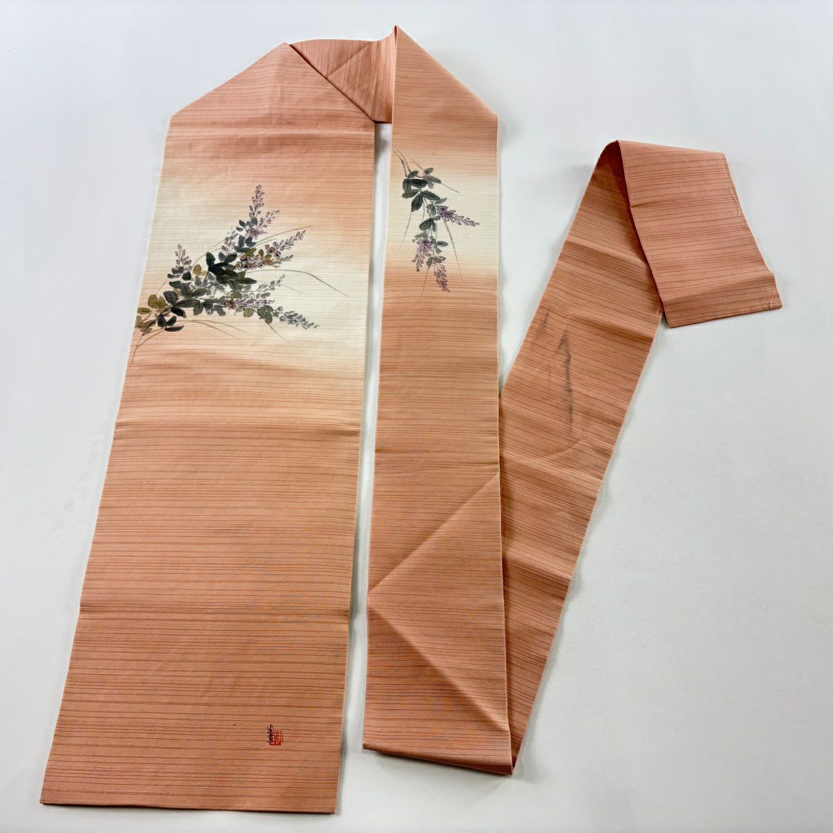 名古屋帶 秀品級 附落款 草花紋紋 漸層 粉米色 純蠶絲