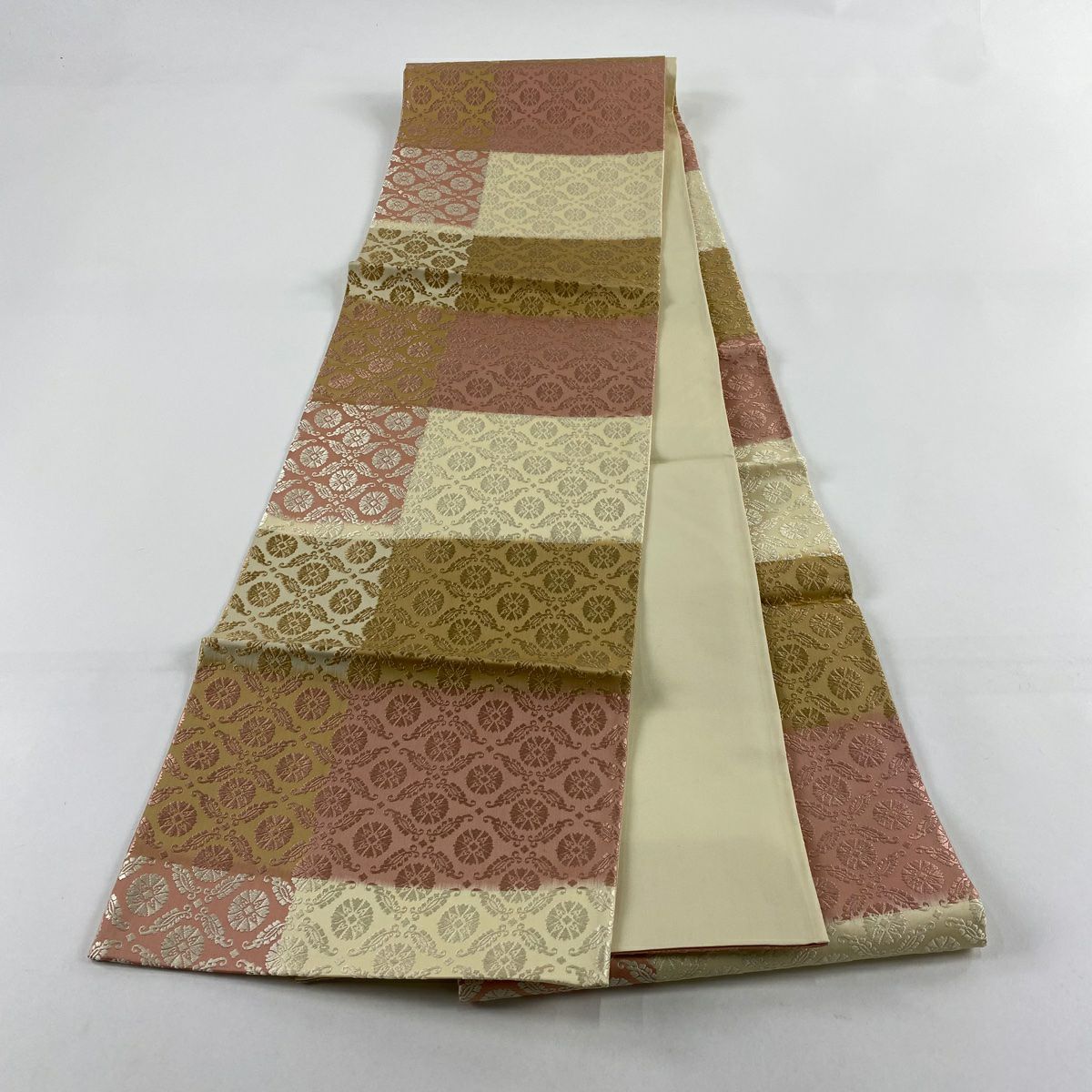 【美品】 袋帶 秀品級 花 刺繡 米色 全通 純蠶絲