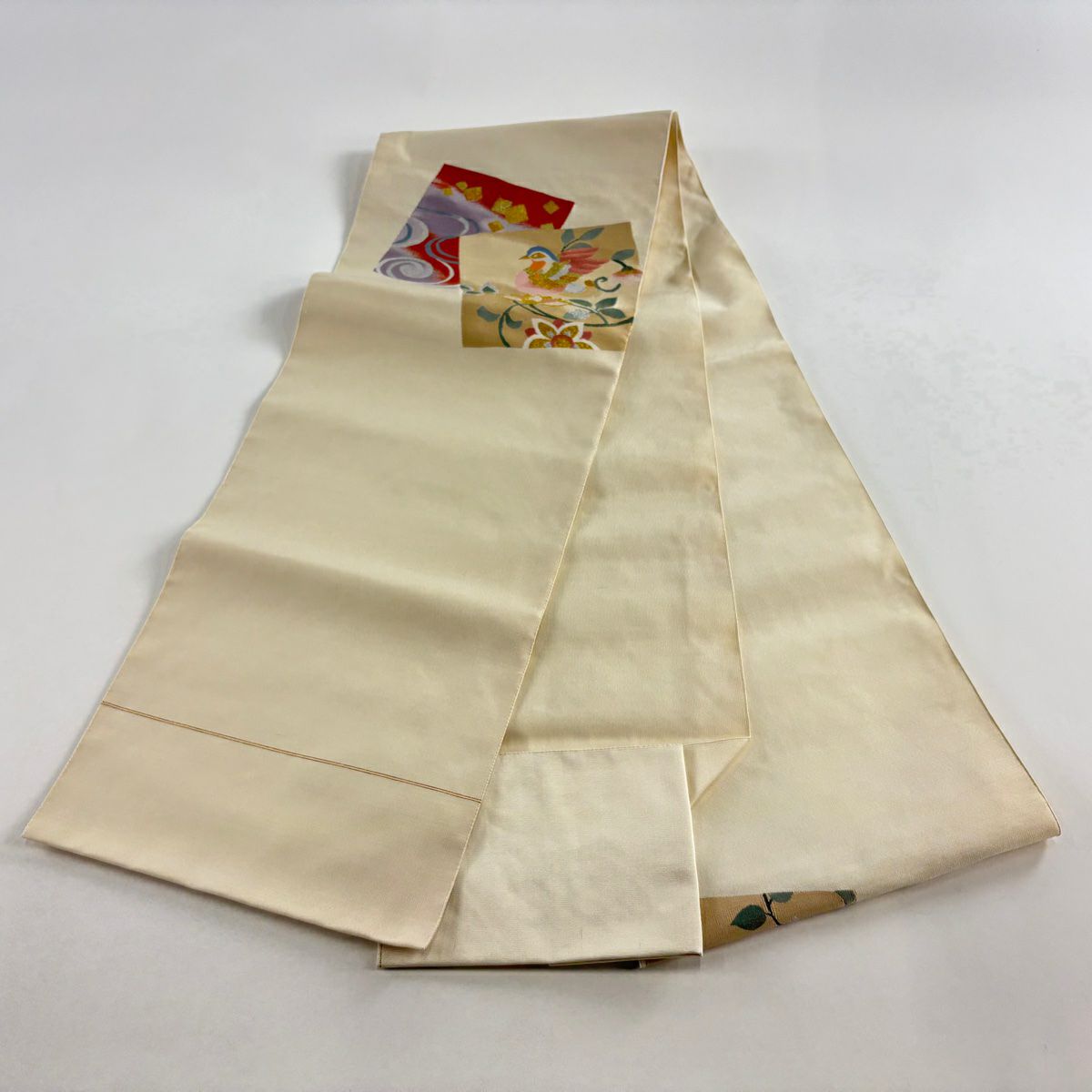 【美品】 名古屋帶 優品級 八寸名古屋帶 松樹葉仕立 鳥 草花紋 金銀彩 奶油色 純蠶絲
