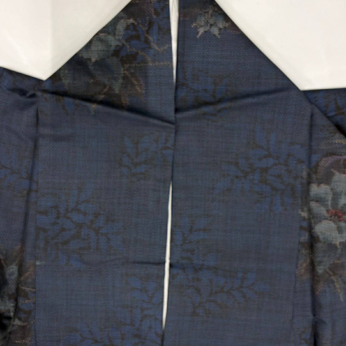 紬織 身長155.5cm 袖長62.5cm S 雙層 草花紋紋 深藍 純蠶絲 秀品級