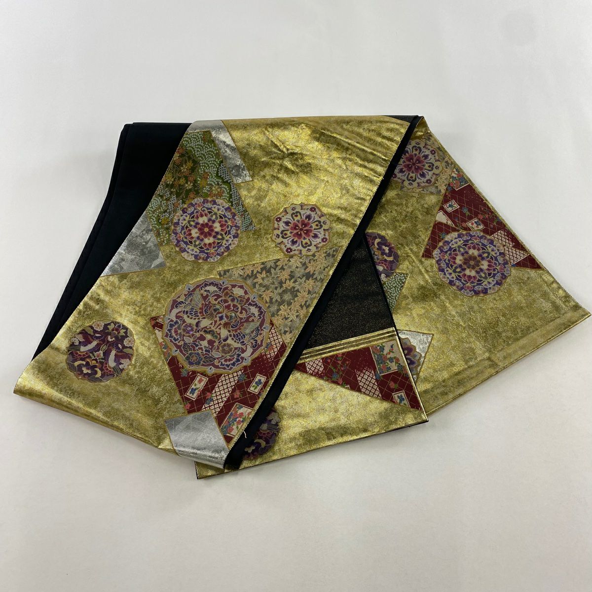 【美品】 袋帶 名品級 向鳥 華紋 螺鈿金金箔 金銀彩 金 純蠶絲