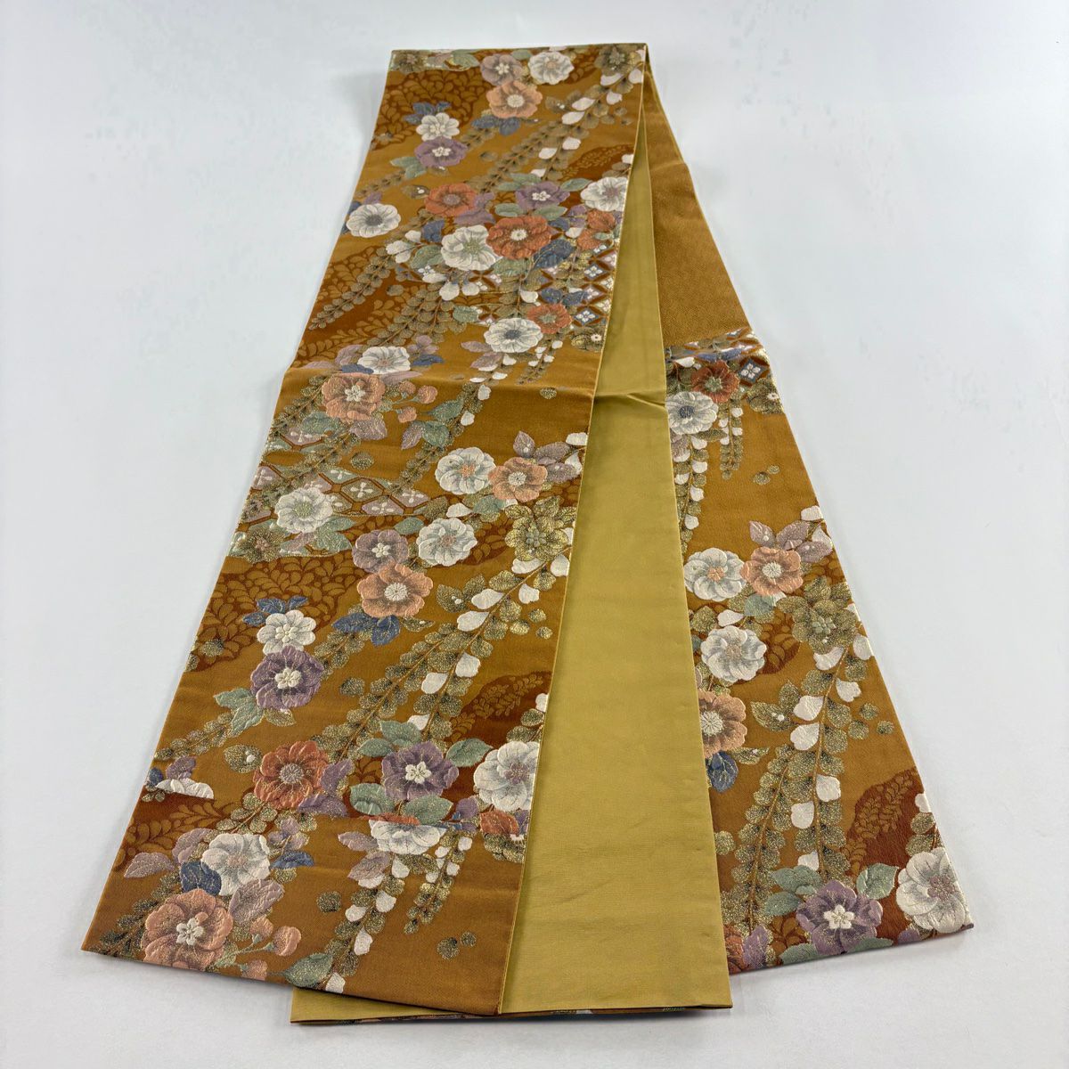 【美品】 袋帶 名品級 辻花染 道長取 金金箔 黃土 深藍 六通 純蠶絲