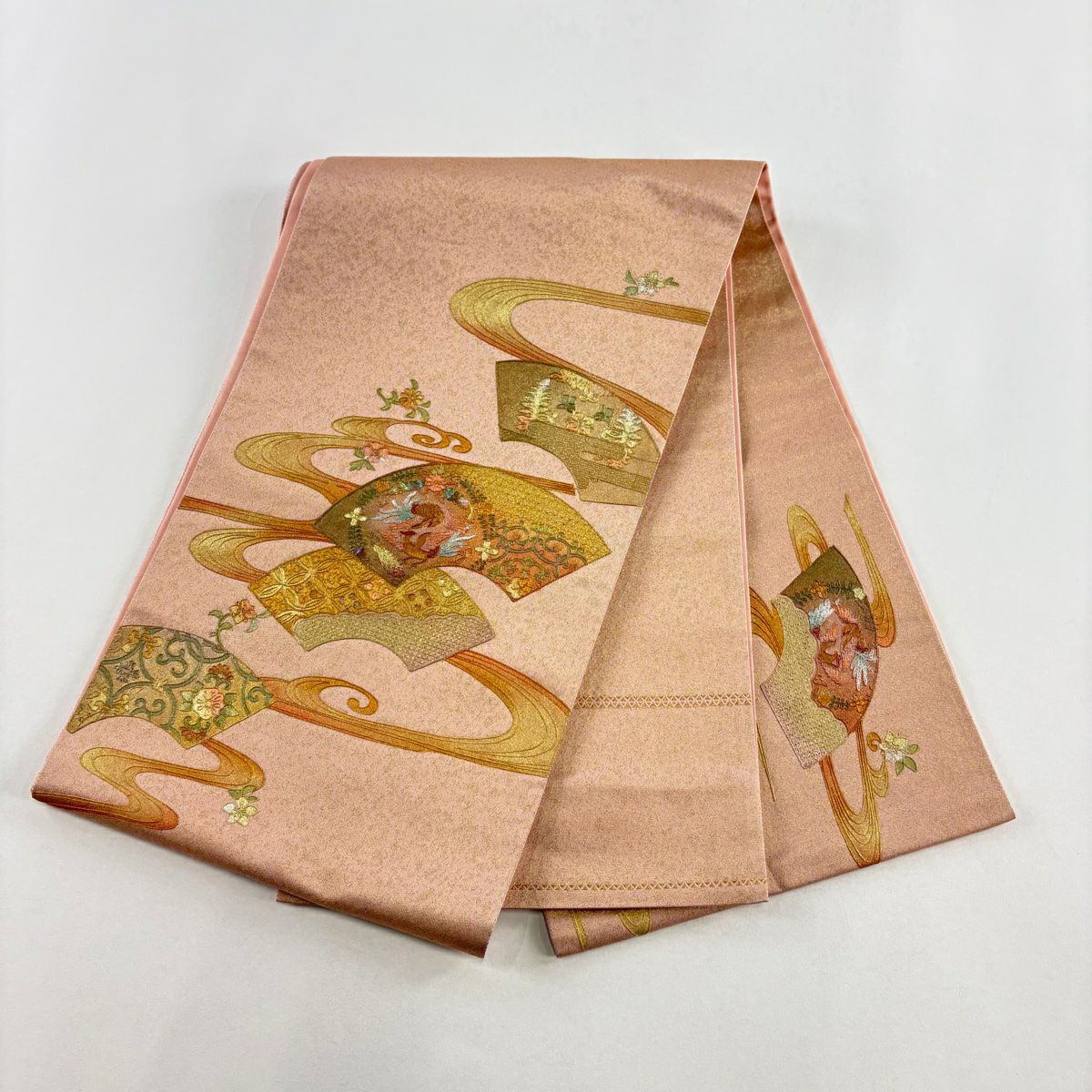 【美品】 袋帶 名品級 關西仕立 扇子面 花鳥 螺鈿 金銀彩 鮭粉紅 お太鼓柄 純蠶絲