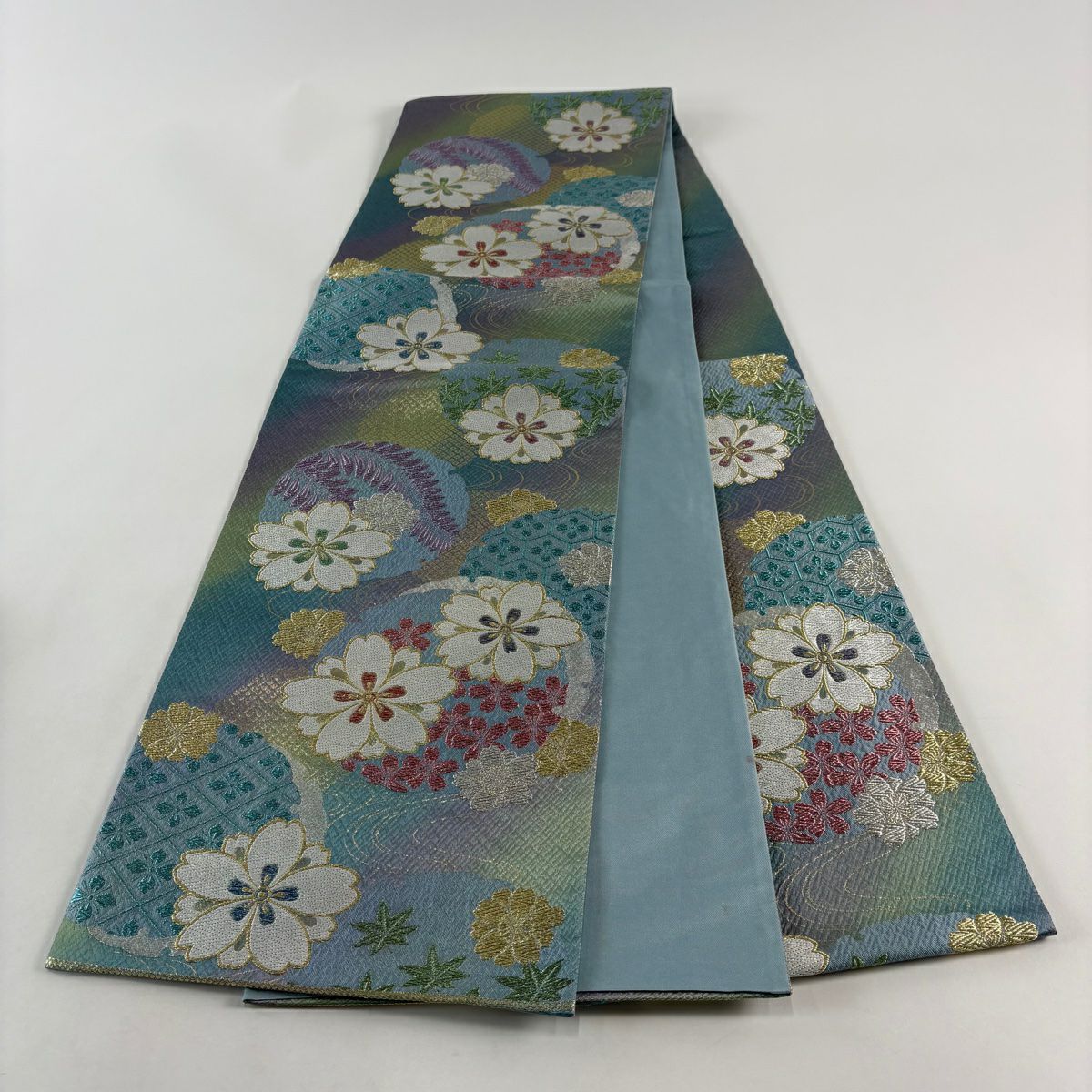 【美品】 袋帶 名品級 華繧繝 振袖禮服禮服用 櫻花 雪輪 金銀彩 唐織 水色 六通 純蠶絲