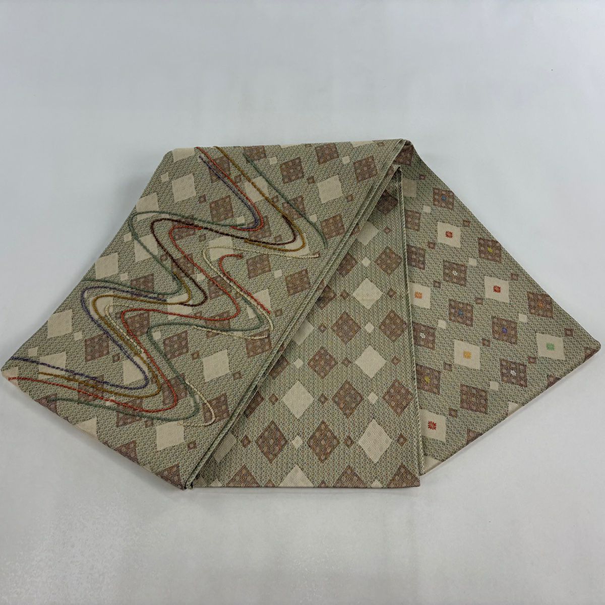 【美品】 袋帶 名品級 菱 流水 金絲 抹茶 深綠色 お太鼓圖案 純蠶絲