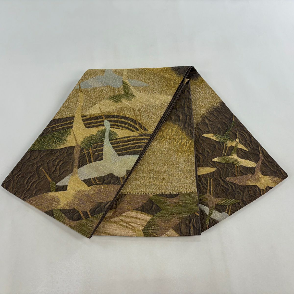 【美品】 袋帶 名品級 仙鶴 波 金銀彩 金金箔 茶 純蠶絲