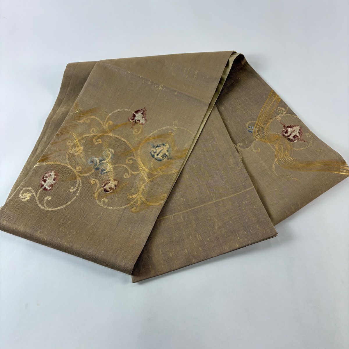 【美品】 袋帶 名品級 花唐草紋 金絲 金金箔 淺茶 純蠶絲
