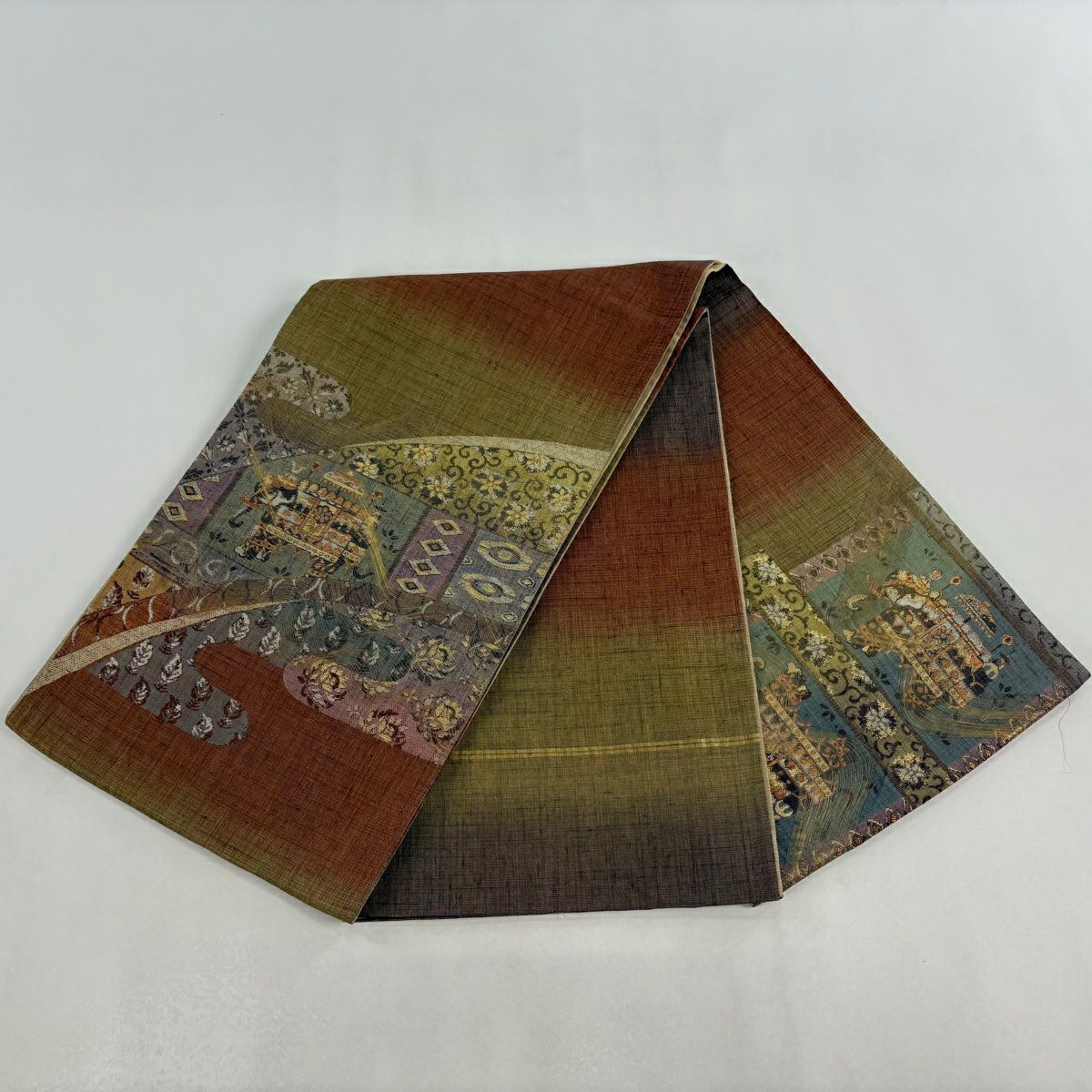 袋帶 逸品級 大象 草花紋紋 金絲 金通し 茶 純蠶絲