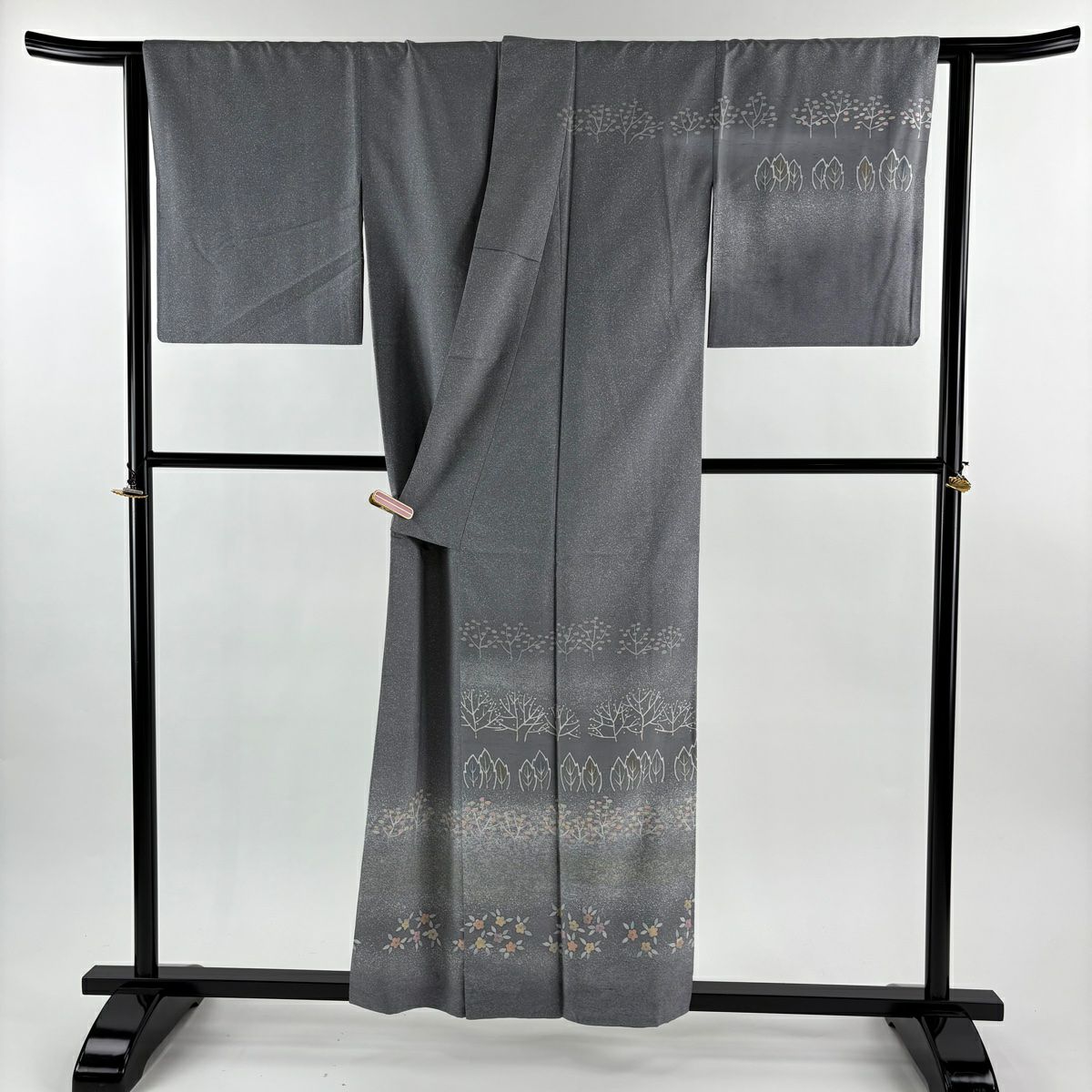 訪問服 身長156.5cm 袖長65cm M 雙層 牛首紬織織 落款 樹木 草花紋紋 灰 純蠶絲 逸品級