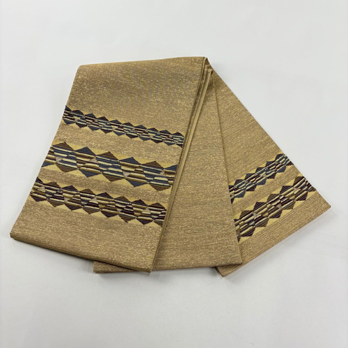 【美品】 袋帶 秀品級 段紋 幾何圖案 金絲 綴織 金茶色 大鼓圖案 純蠶絲