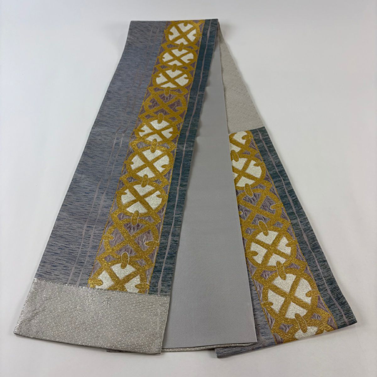 【美品】 袋帶 秀品級 證書齊全 萌黃 幾何圖案 金金箔 銀線 灰紫 六通 純蠶絲
