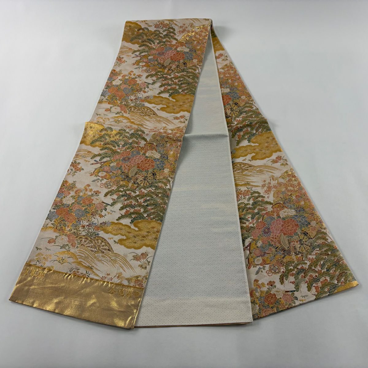 【美品】 袋帶 秀品級 證書齊全 皇鳳錦 花車 片輪車 金絲 金金箔 米色 全通 純蠶絲
