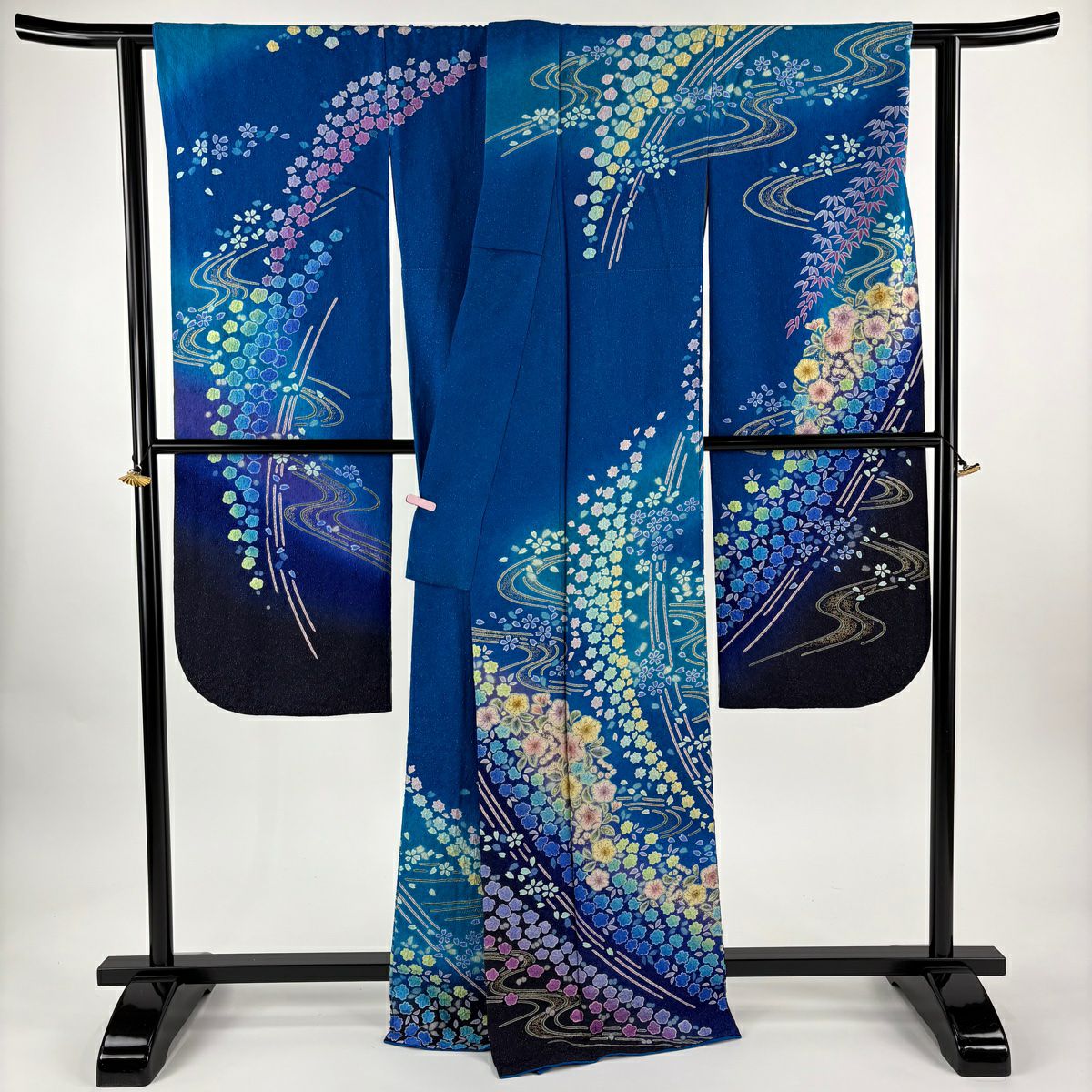 【美品】振袖禮服 身長167cm 袖長71cm L 雙層 辻花染 流水 金銀彩 青 純蠶絲 逸品級