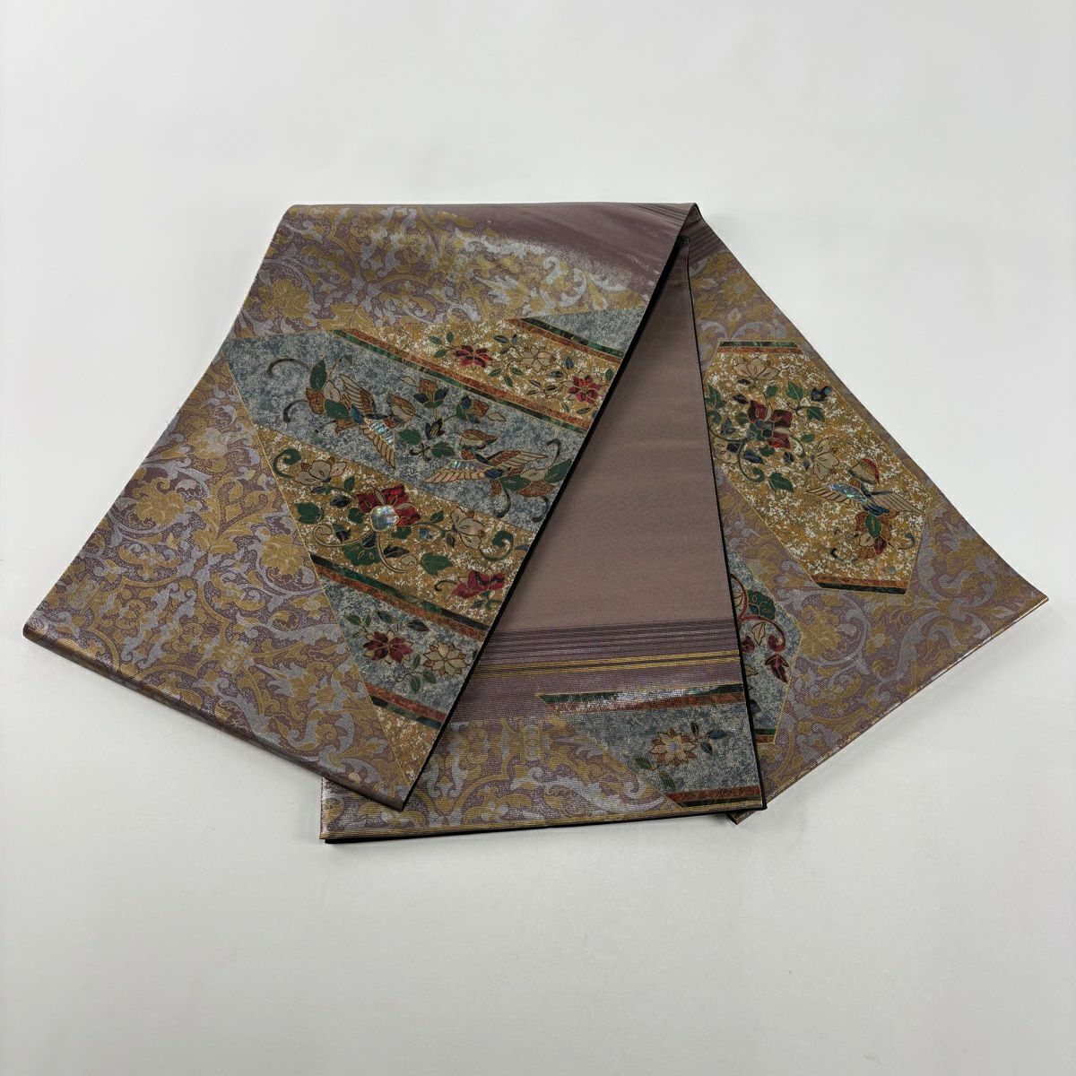 袋帶 秀品級 鳥 花唐草紋 螺鈿金金箔 金銀彩 茶紫 大鼓圖案 純蠶絲