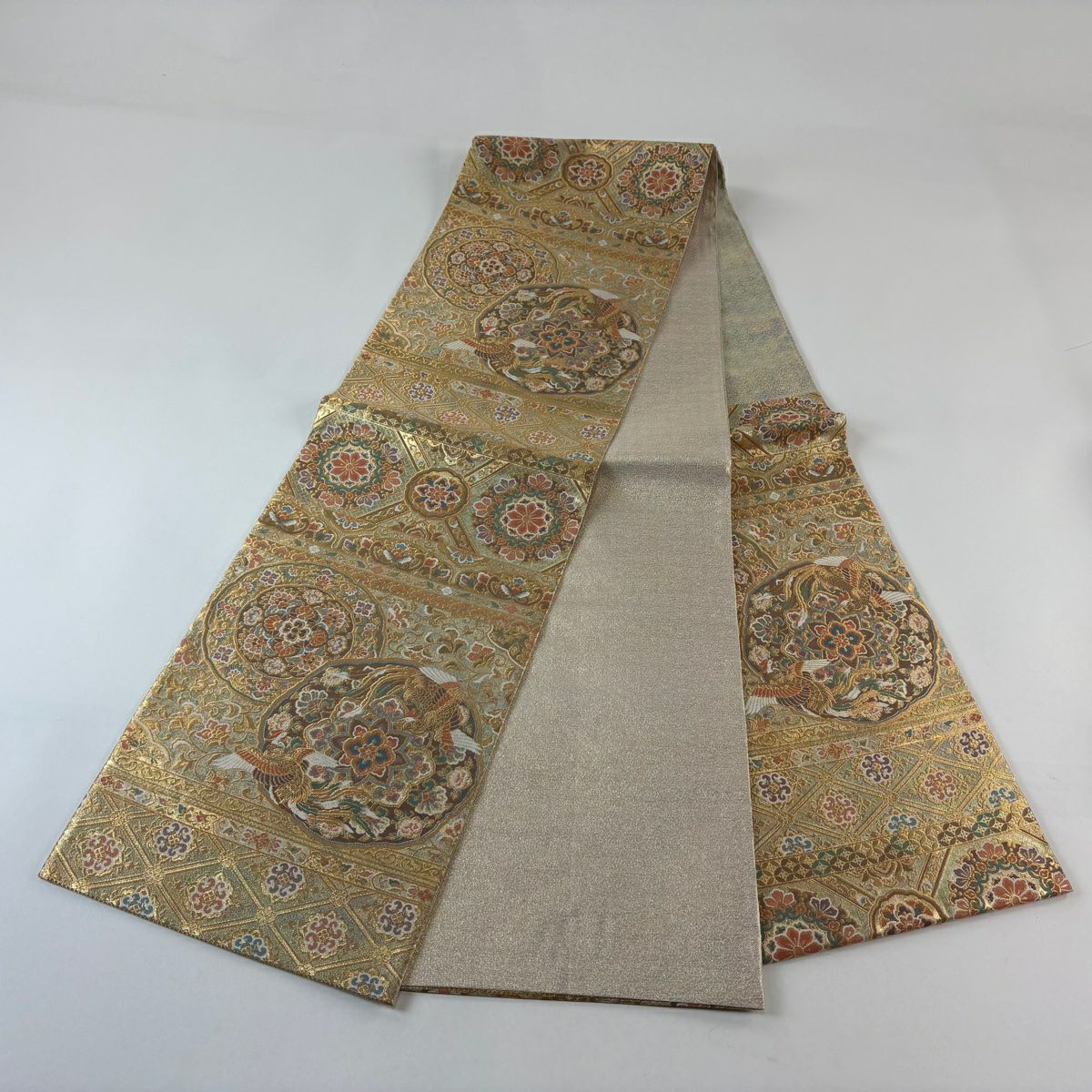 【美品】 袋帶 秀品級 華紋 花鳥 金金箔 金絲 金色 六通 純蠶絲