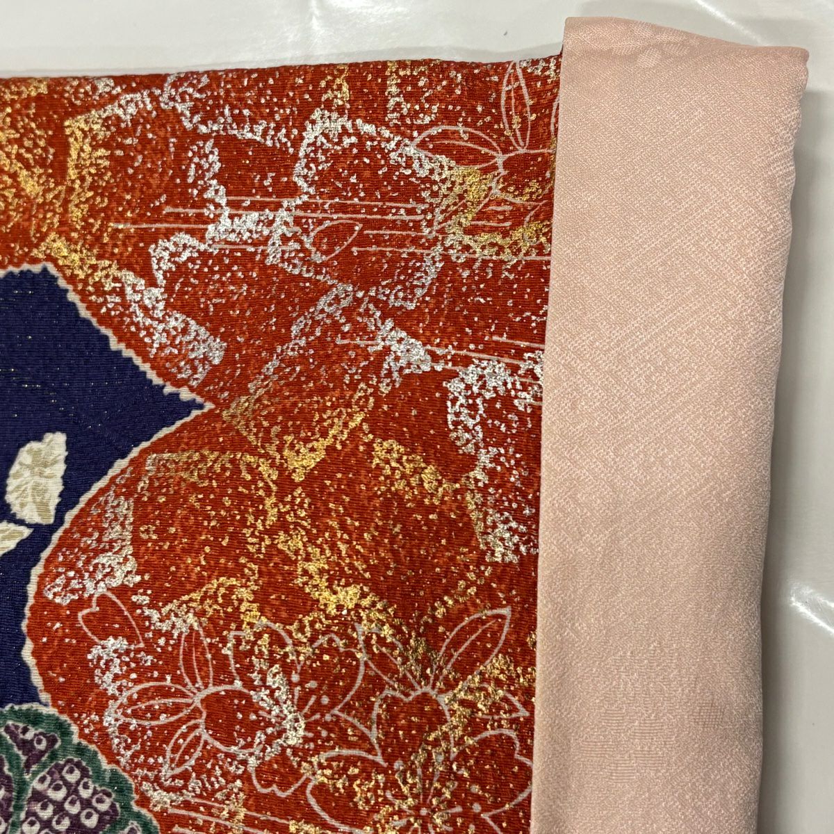 【美品】振袖禮服 身長161cm 袖長65cm M 雙層 草花紋紋 雲文 金通し 金銀彩 深藍 純蠶絲 名品級