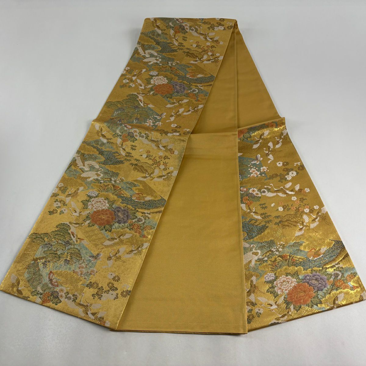 【美品】 袋帶 秀品級 仙鶴 牡丹 金絲 金金箔 金色 六通 純蠶絲