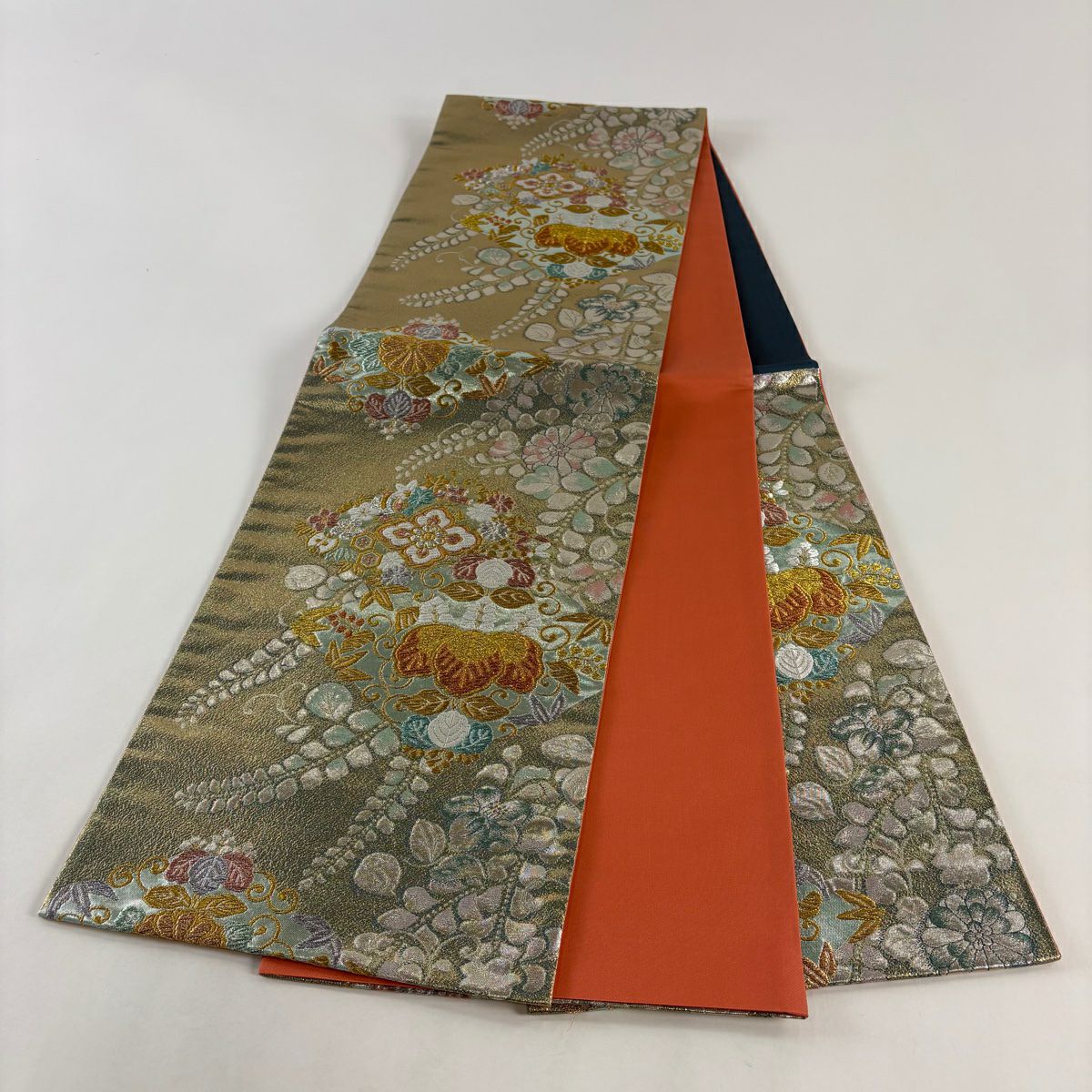 【美品】 袋帶 秀品級 草花紋紋 桐 金銀糸 金金箔 金色 六通 純蠶絲